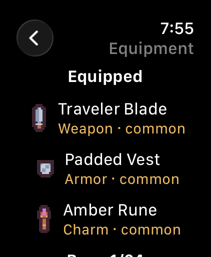 Guidlands equipment screen on Apple Watch