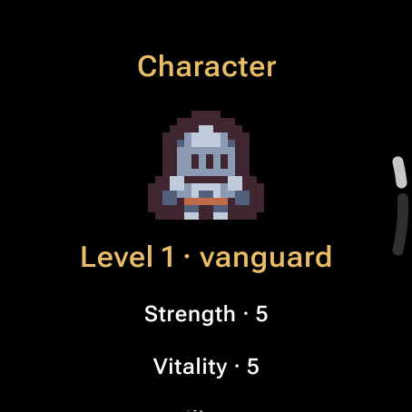 Guidlands character screen on Wear OS